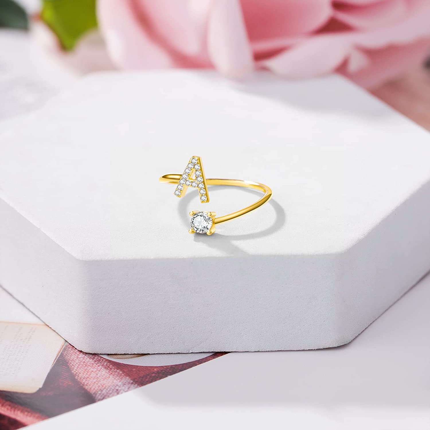 Haoze Initial Letter Ring for Women Girls Gold Stackable Alphabet Rings with Initial Adjustable Crystal Inlaid Initial Rings Bridesmaid Gift - Image 5